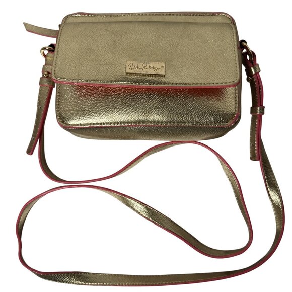 Lilly Pulitzer Metallic Gold Crossbody Bag With Pink Trim - Picture 1 of 16